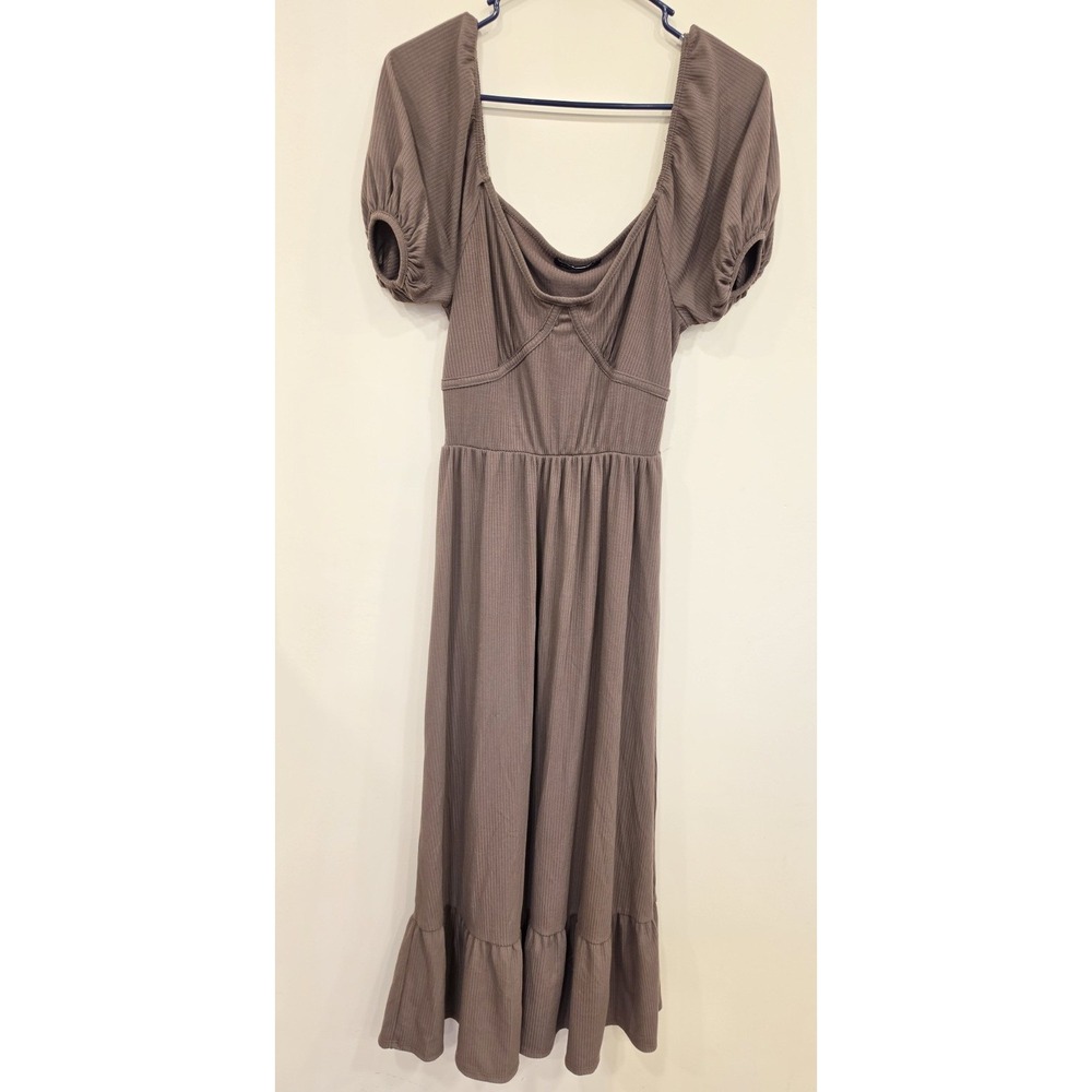 Brown Ribbed Puff Sleeve Midi Dress Women's S Cottagecore Milkmaid Romantic